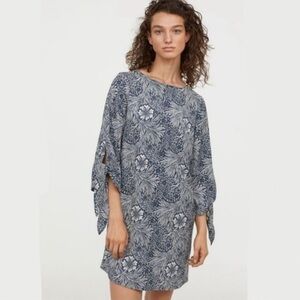 William Morris & Co x H&M Dress US 8 Blue White Floral 3/4 Tie Sleeves Boho Chic